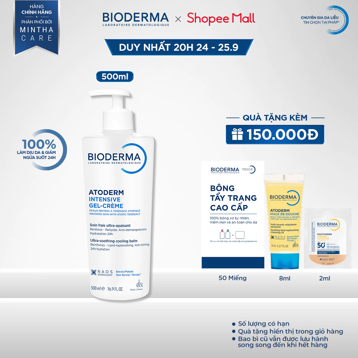 Kem gel dưỡng ẩm và làm dịu dạng gel cho da khô , da rất khô Bioderma Atoderm Intensive gel-crème 500ml