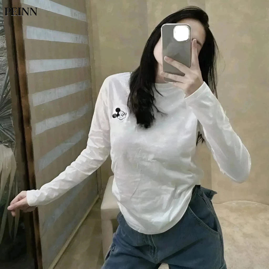 [Peinn] Áo Thun Zip Dài Tay NH138 Thêu Chuột Mickey, Dày Dặn, Co Dãn 4 Chiều