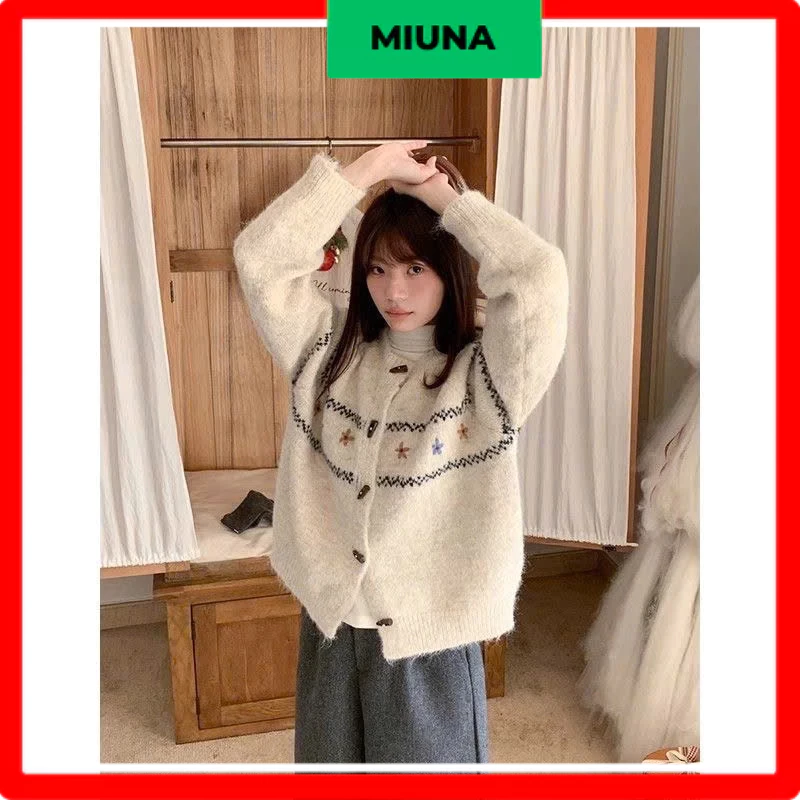 Áo Cardigan Len Miuna Họa Tiết, Áo Khoác Len Vintage Phong Cách Hàn Quốc CA44
