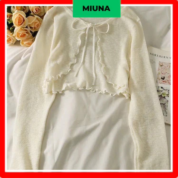 Áo cardigan voan mỏng Miuna, Áo cardigan buộc nơ viền bèo khoác ngoài nữ tính_AK14