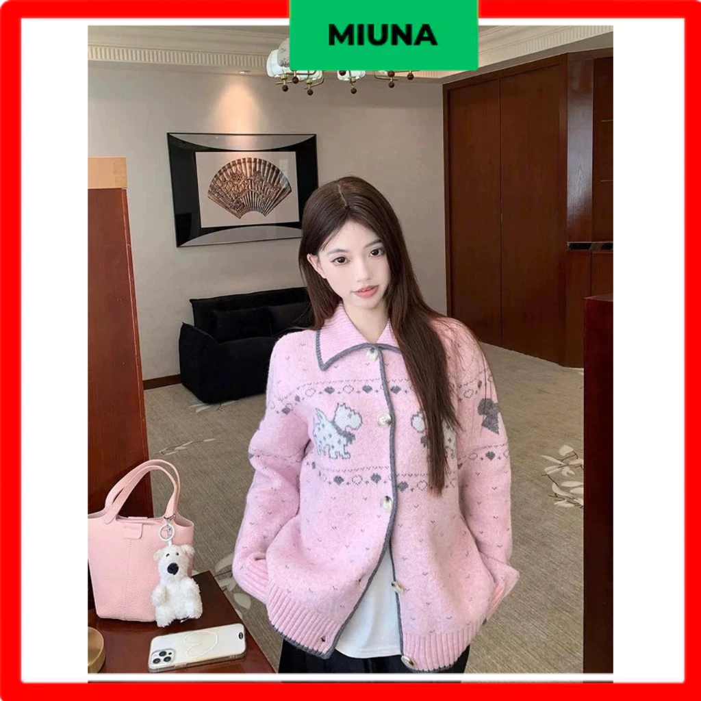 Áo len hoạt hình Miuna dễ thương, Áo cardigan cổ bẻ dáng dài phong cách Hàn QUốc CA47