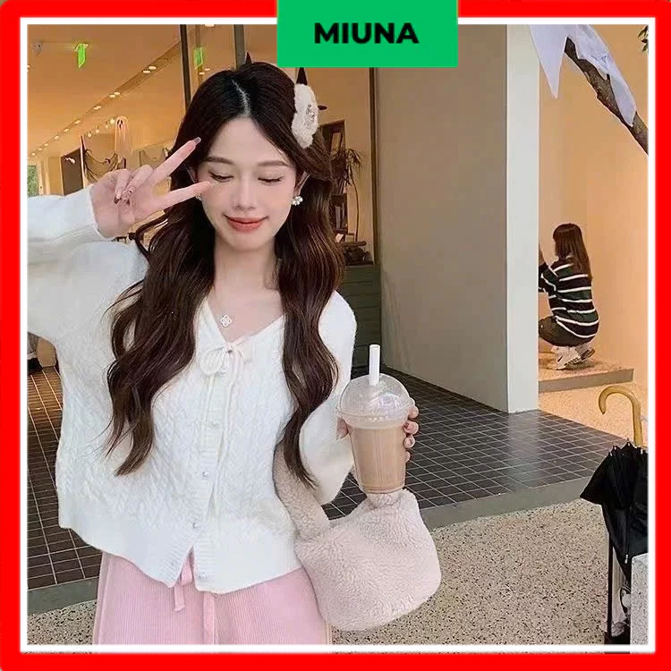 Áo len dài tay Miuna thắt nơ, Áo khoác len cúc ngọc màu pastel phong cách Hàn Quốc AL27
