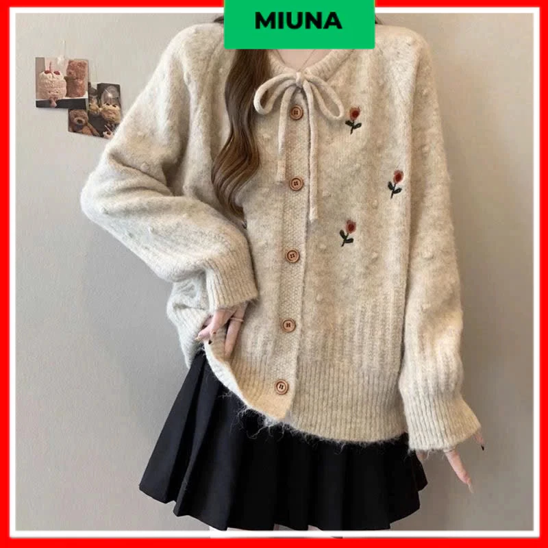 Áo cardigan dệt kim tay dài MIuna, Áo khoác len cổ tròn thắt nơ thêu hoa mùa thu đông _CA43