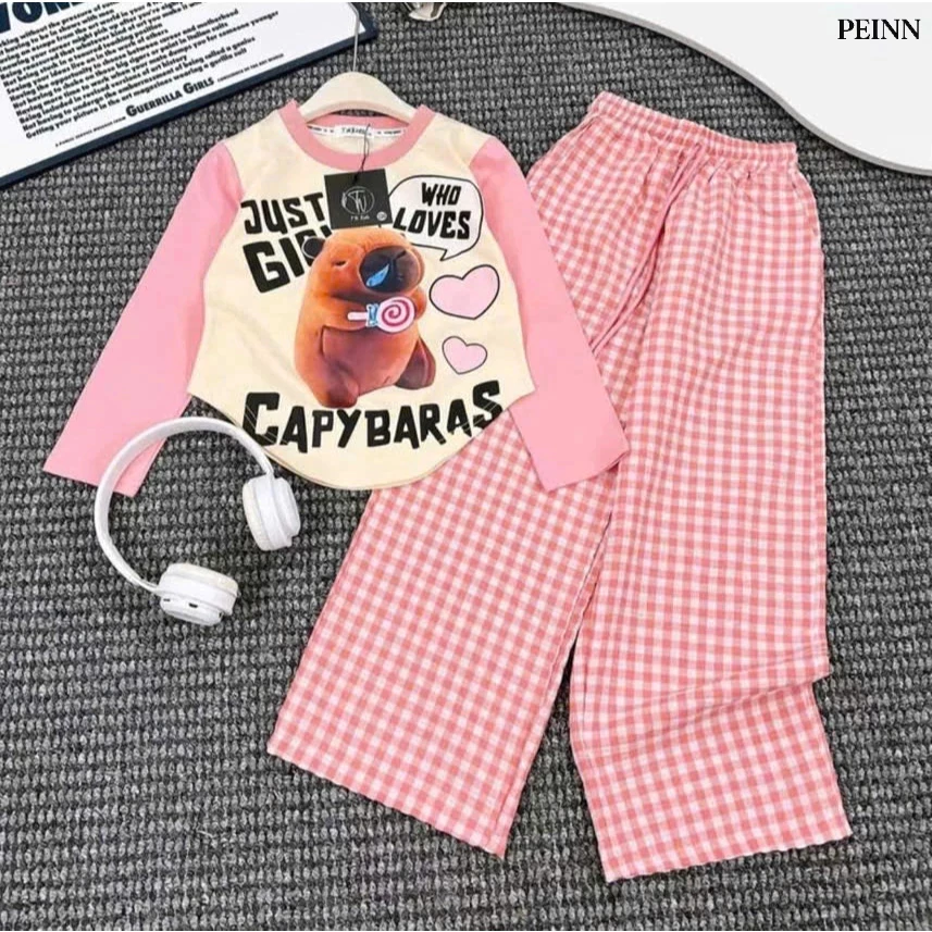 [Peinn] Bộ bé gái  in gấu Capybara Sọc siêu hot, thun cotton mềm mịn, size 9 - 50 kg - HK14
