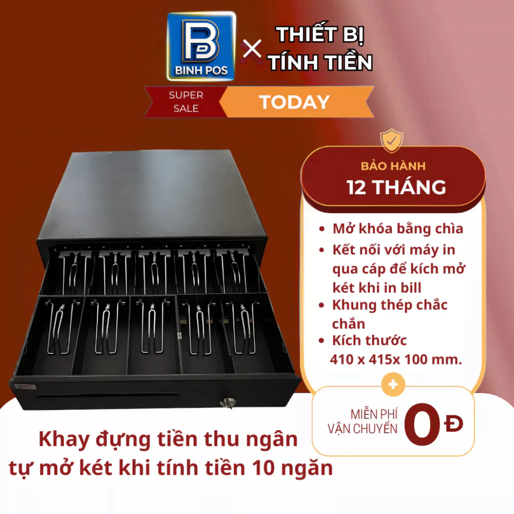 Két đựng tiền thu ngân 10 ngăn tự động mở kết nối máy in bill POS có khóa bảo hành 12 tháng
