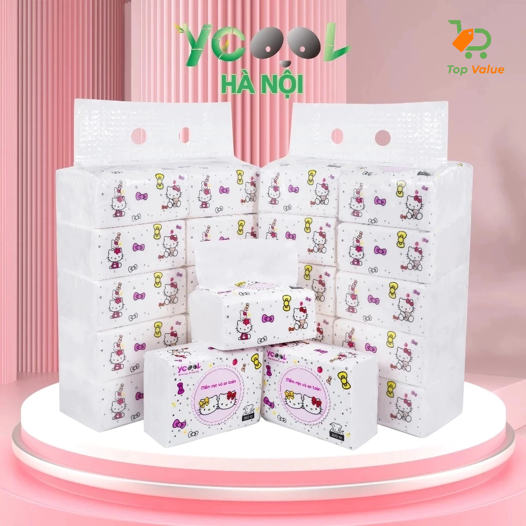 [Top Value] Khăn giấy tre 1 thùng 30 gói Hello Kitty 300 tờ giấy ăn gấu trúc YCOOL MHN01 khăn giấy tre