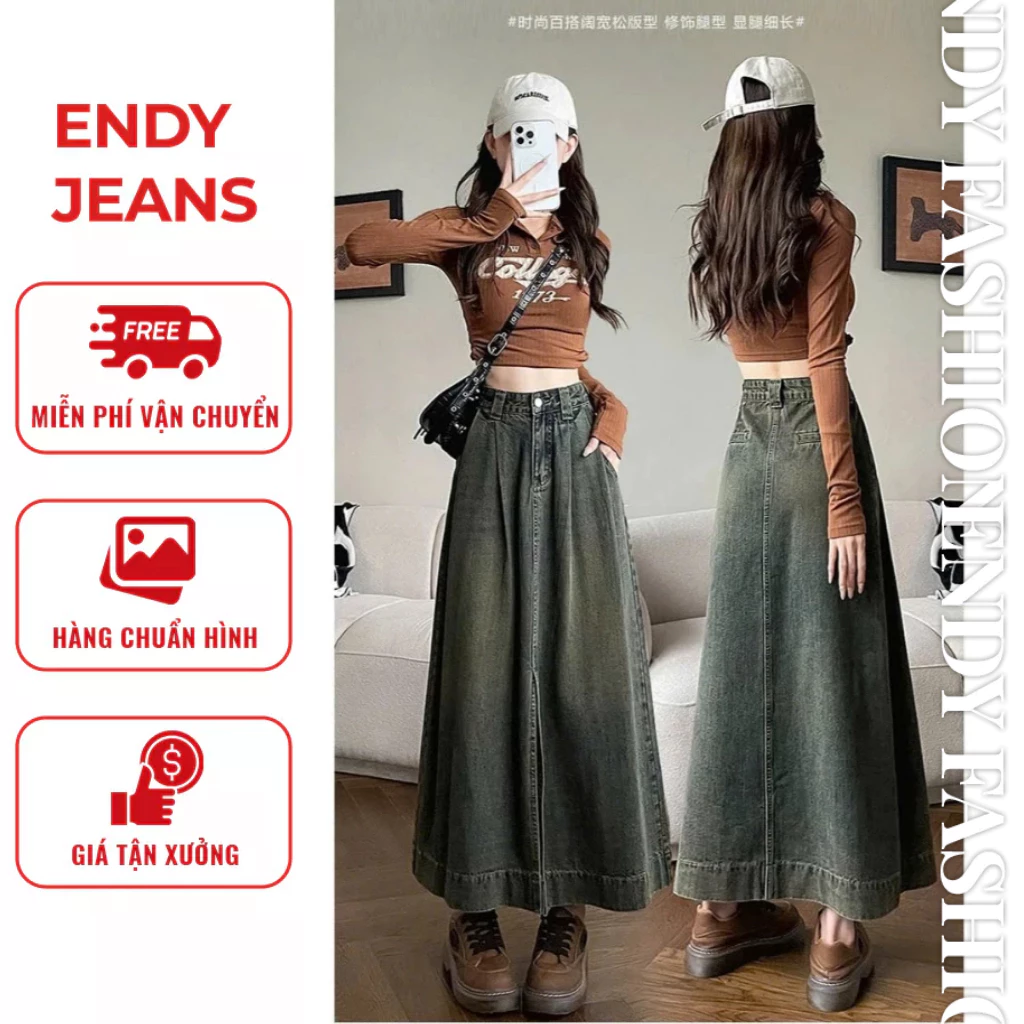Chân váy jeans chữ A dáng dài xẻ tà, chân váy bò denim xếp ly gấu to cách điệu thời trang ED50