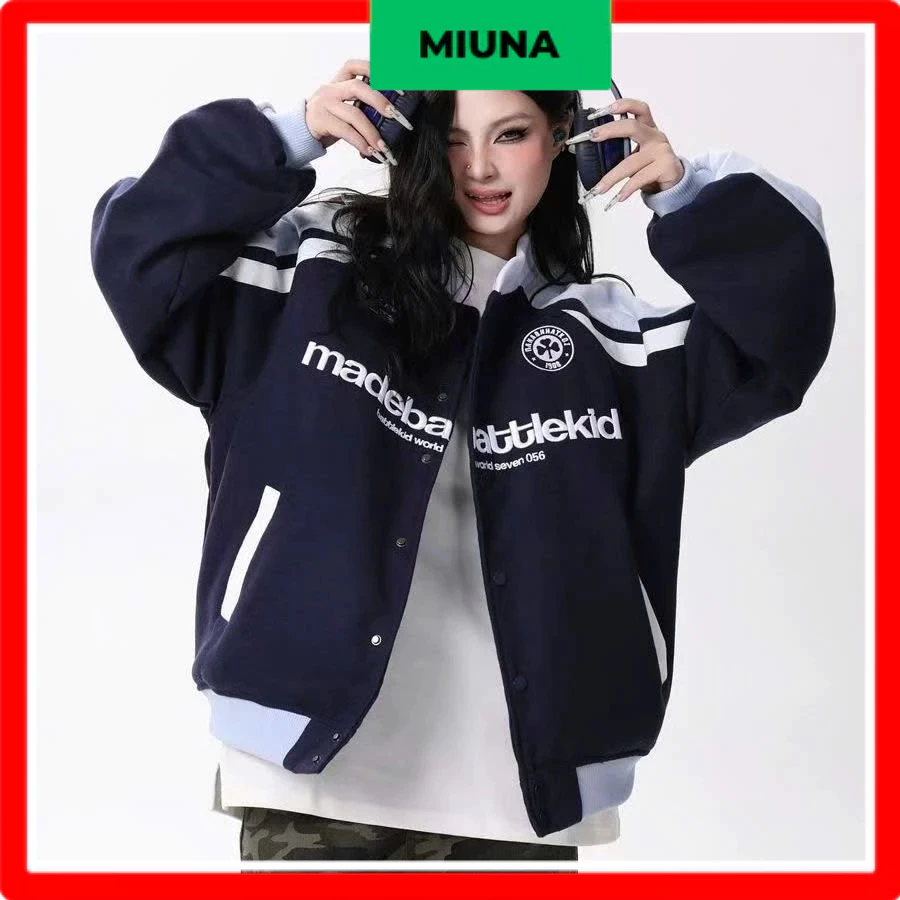Áo khoác bomber Miuna tay bồng, Áo khoác bóng chày kẻ sọc hoạ tiết phối logo_AK40