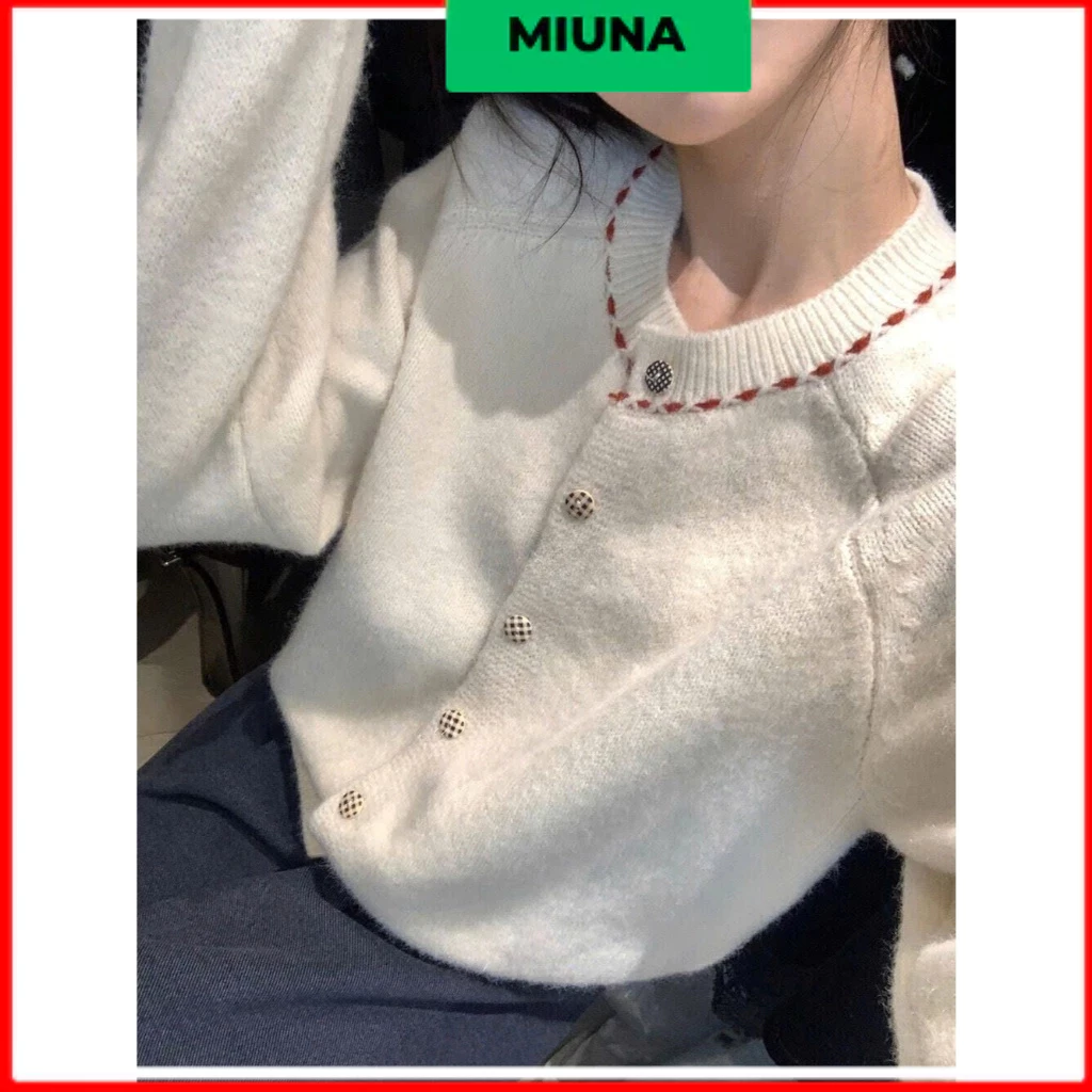 Áo cardigan dài tay Miuna phối cúc kẻ sọc , Áo len cardigan cổ tròn basic nhiều màu - AL33