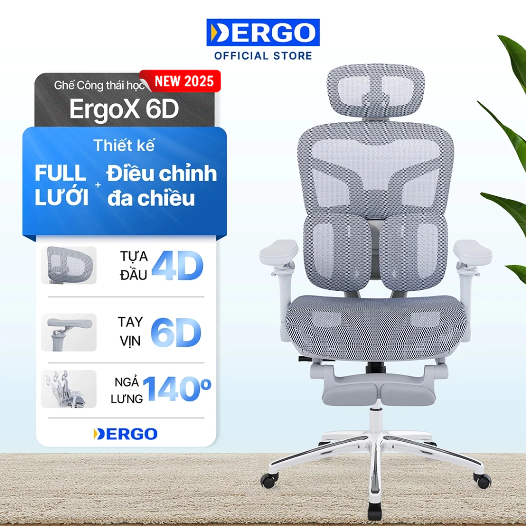 Ghế Công Thái Học ErgoX 6D/4D – full lưới, hỗ trợ 3 vùng cột sống, tay vịn đa chiều, ngả 140°, có giá kê chân