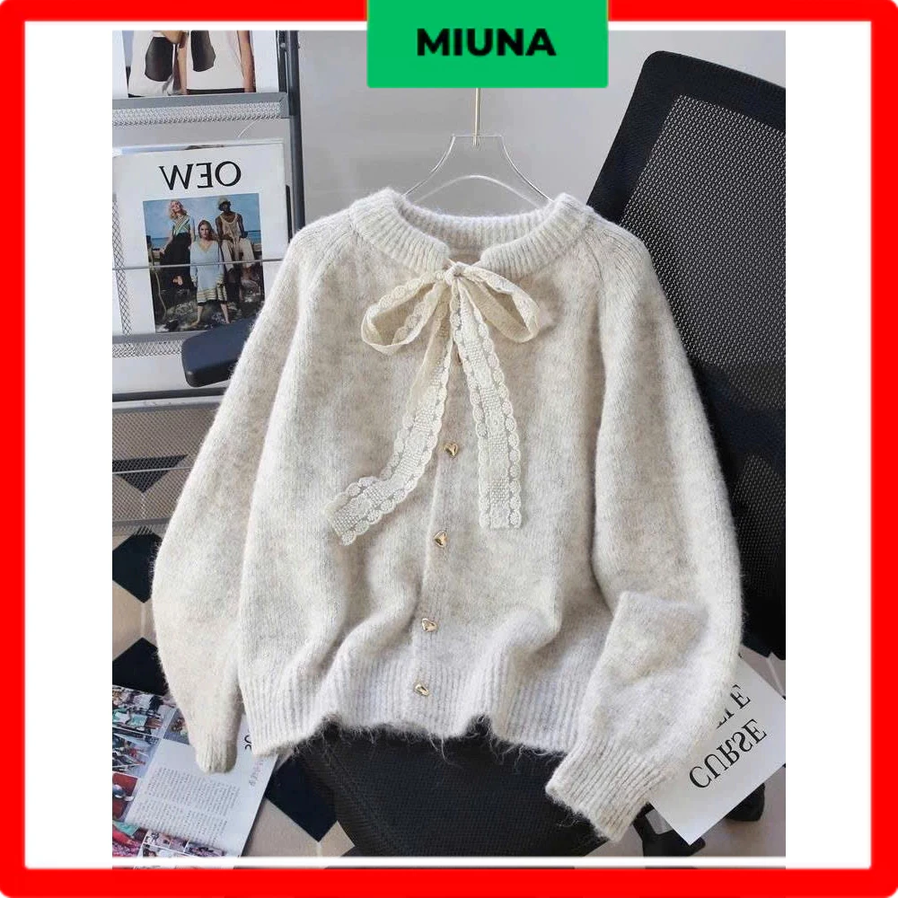 Áo cardigan len lông thỏ Miuna tay dài, Áo cardigan len phối nơ khuy cài tiểu thư_CA67