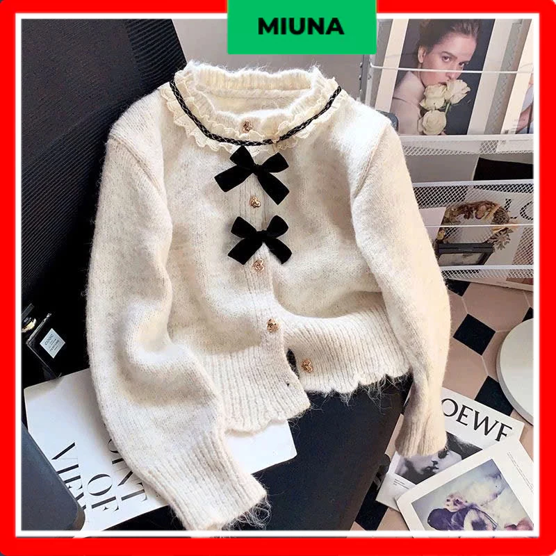 Áo cardigan len Miuna viền bèo, Áo len cardigan phối nơ cài khuy cúc trái tim nữ tính_CA68