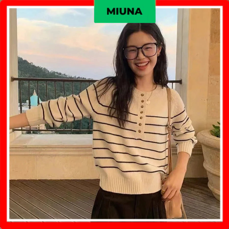 Áo len kẻ Miuna hottrend, Áo len dài tay basic dễ mặc AL54