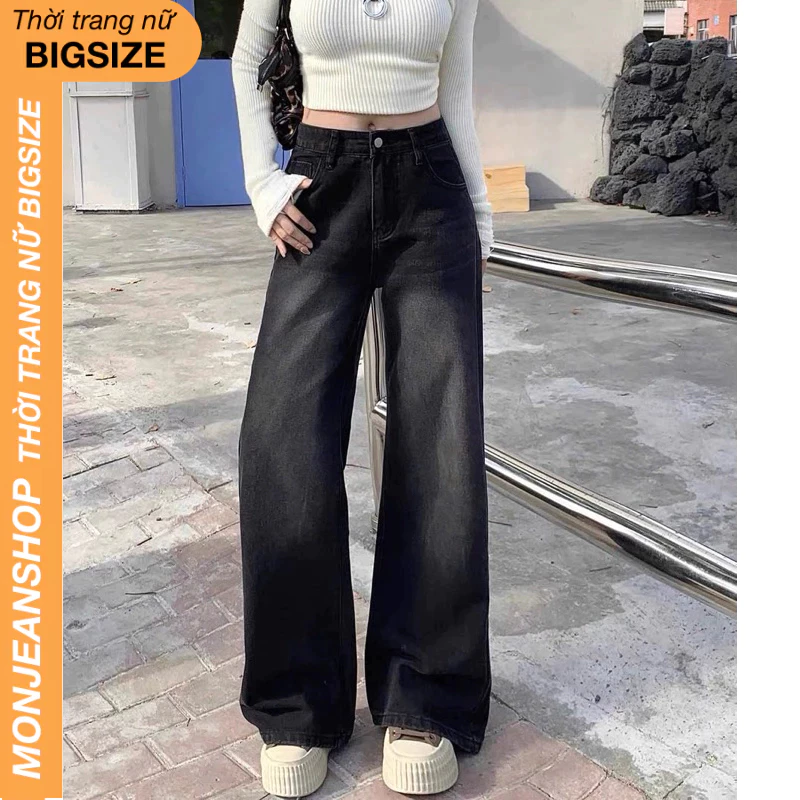 Quần Jean Ống Suông Cạp Cao Tôn Dáng Nữ Bigsize, Quần Bò Jean Lưng Cao Trơn Basic MS105