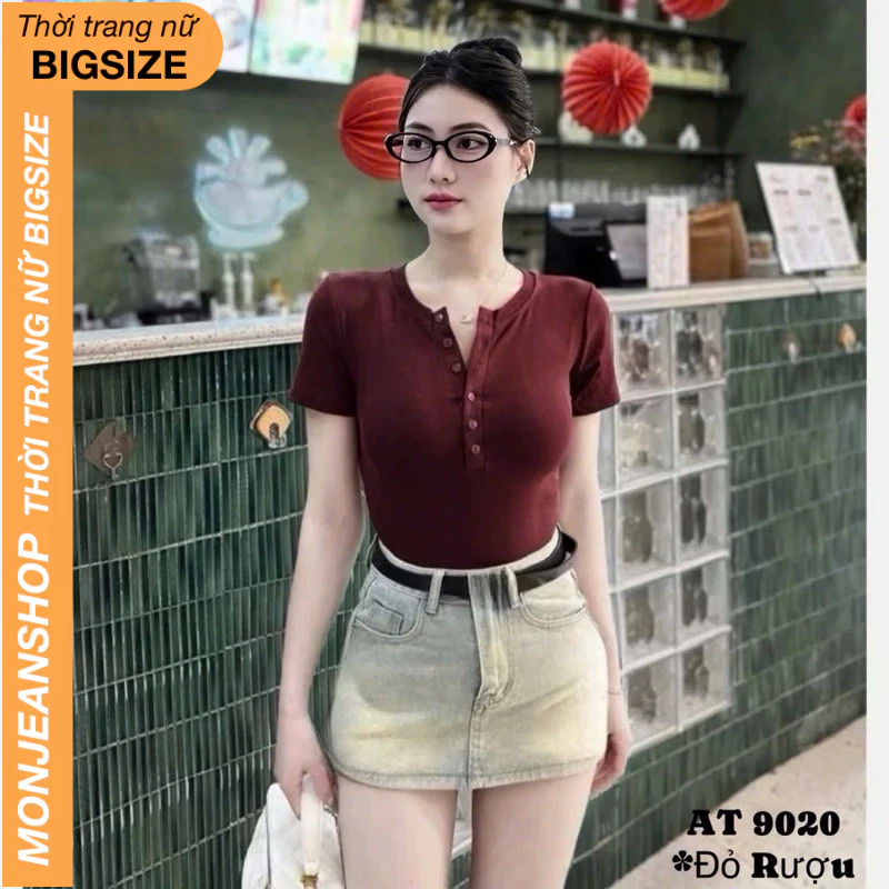 Áo thun nữ Bigsize tay ngắn phối nút sang chảnh basic AT9020