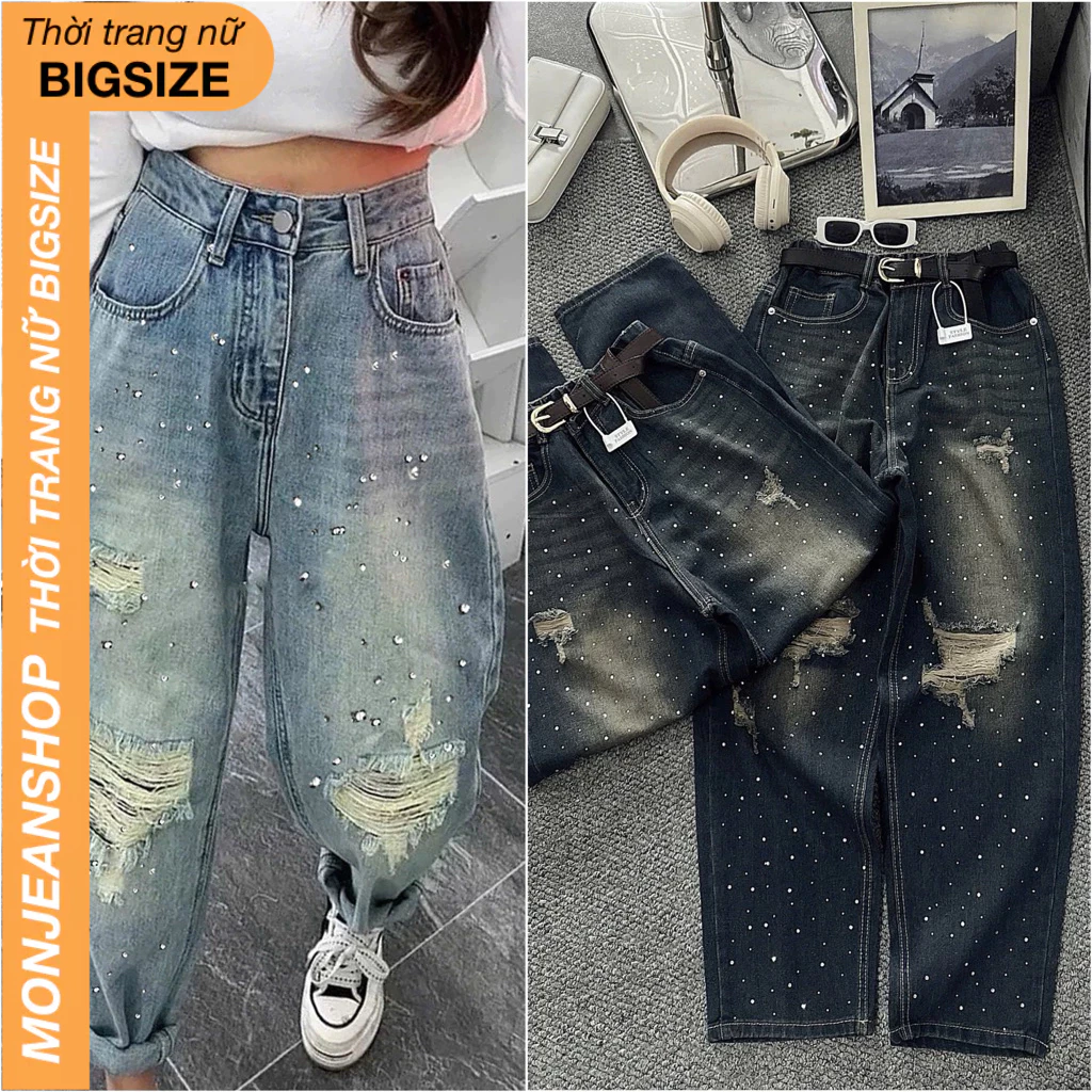 Quần Jean nữ form baggy Bigsize 55-90kg lưng chun phía sau phối rách đính đá lấp lánh thời trang Ms250