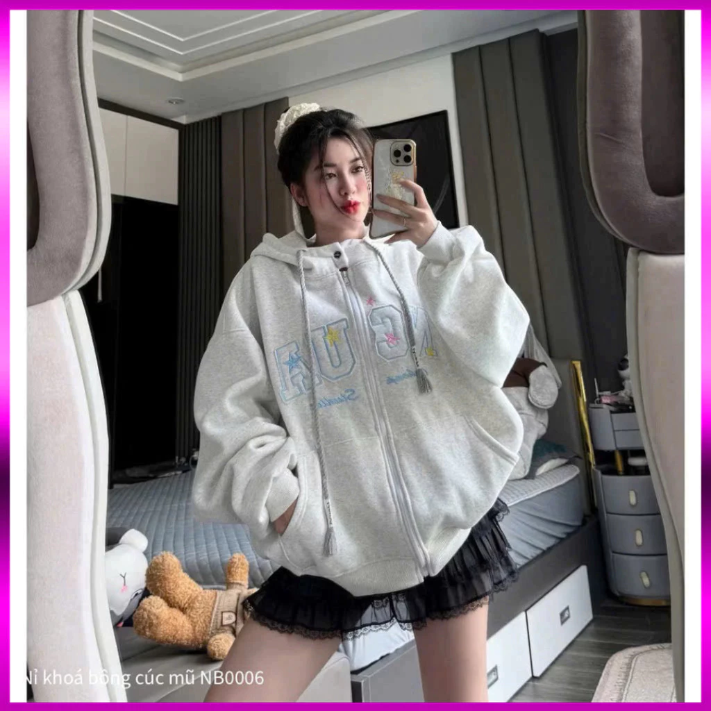 Áo hoodie ZIP nỉ cao cấp   form boxy - thêu chữ nổi freesize cho người 40-68kg.