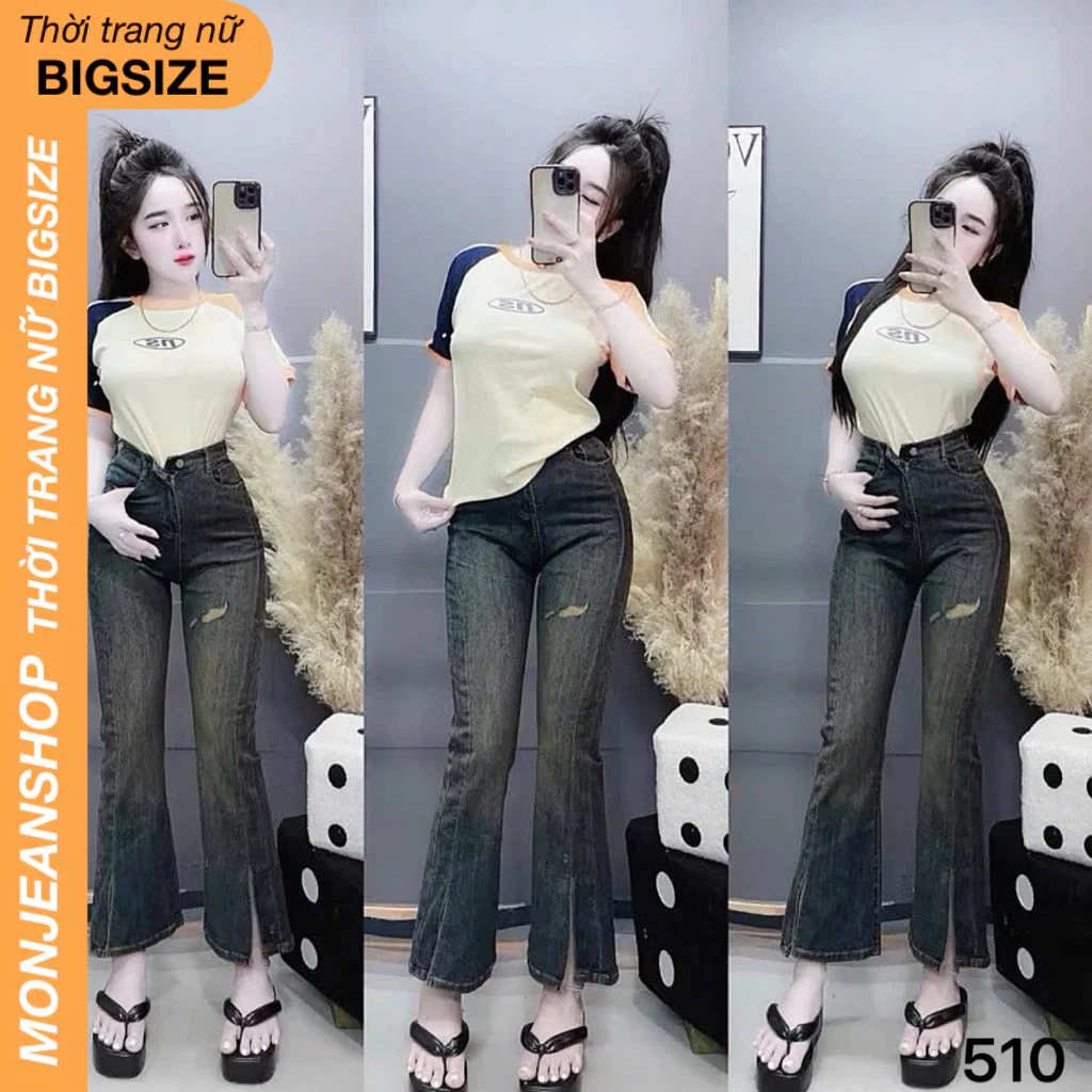 MONJEANSHOP - Quần jean ống loe BIGSIZE nữ 55-90kg may viền ống quần có rách sang chảnh Ms510
