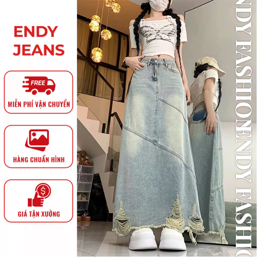 Chân váy jeans nữ dáng dài rách gối cạp cao, chân váy bò chữ A xẻ tà sau phong cách Hàn Quốc ED51