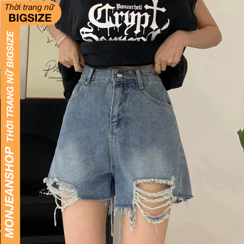 Quần Short Jean Nữ Bigsize 55-90kg Lưng Cao Rách Kiểu Vải Mềm Mịn, Quần Short Bò Nữ Dáng Chữ A Bigsize Ms1059X
