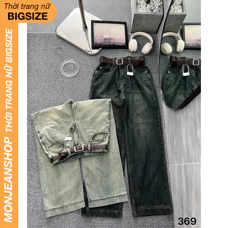 Quần Jean Nữ Ống Rộng Bigsize 55-90kg Lưng Cao Nhấn Túi, Kiểu Quần Bò Form Rộng Bigsize Ms369