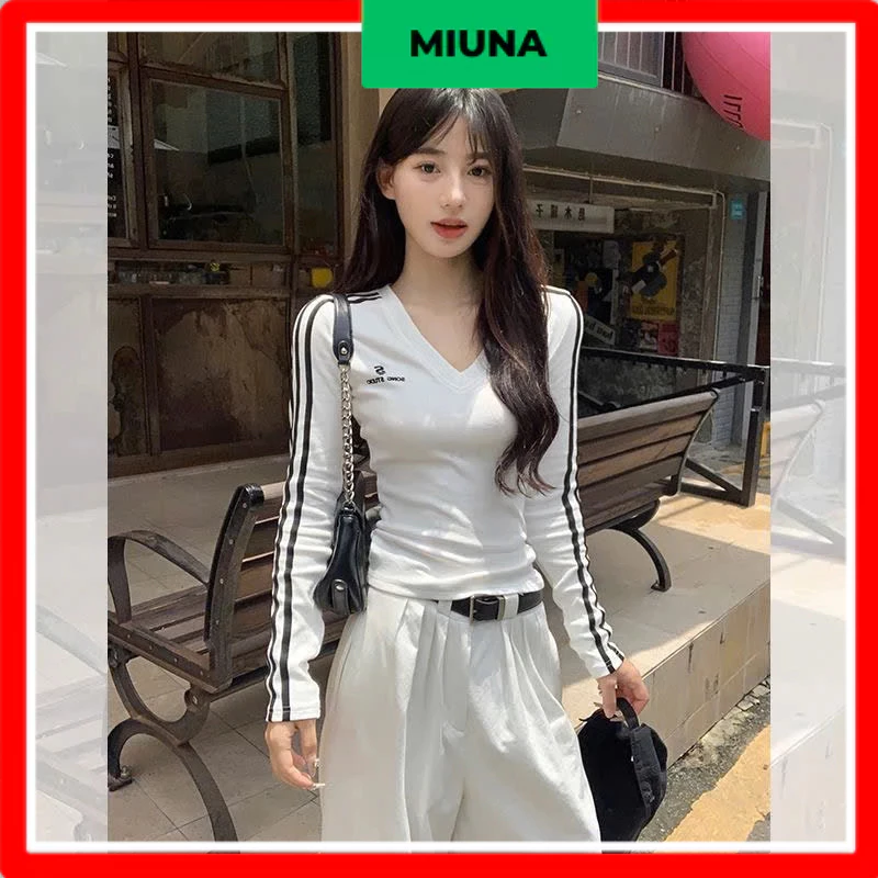 Áo thun cổ V Miuna phong cách năng động thể thao, Áo thun dài tay basic AT08
