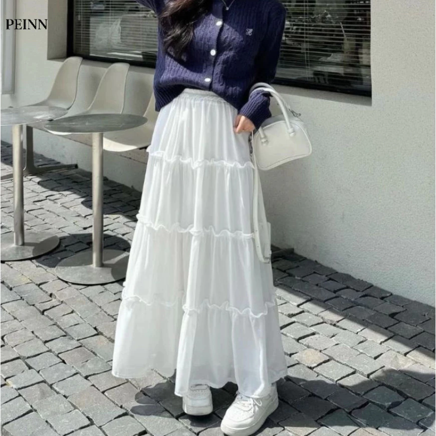 [Peinn] Chân váy dáng dài 4 tầng tiểu thư trắng đen chất voan có quần bảo hộ FA1-0018-84