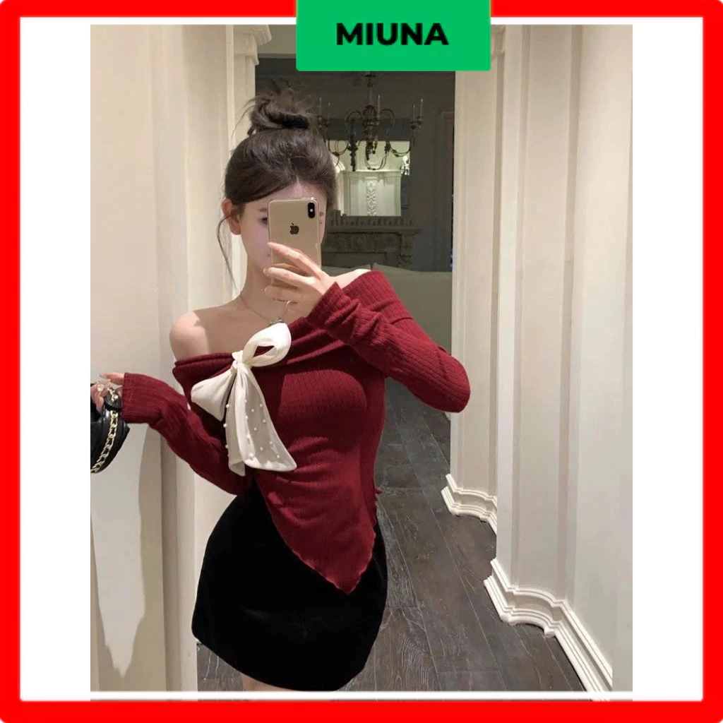 Áo len ôm body Miuna trễ vai, Áo len trễ vai thắt nơ ngọt ngào nữ tính AL66