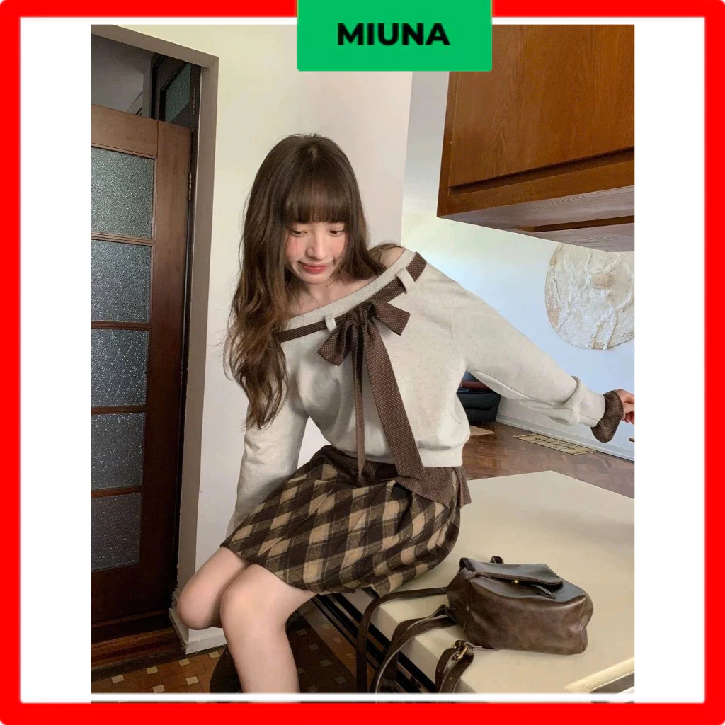 Áo sweater nỉ trễ vai Miuna thắt nơ, Áo nỉ trễ vai ămcj được hai kiểu trendy phong cách Hàn Quốc_AT75