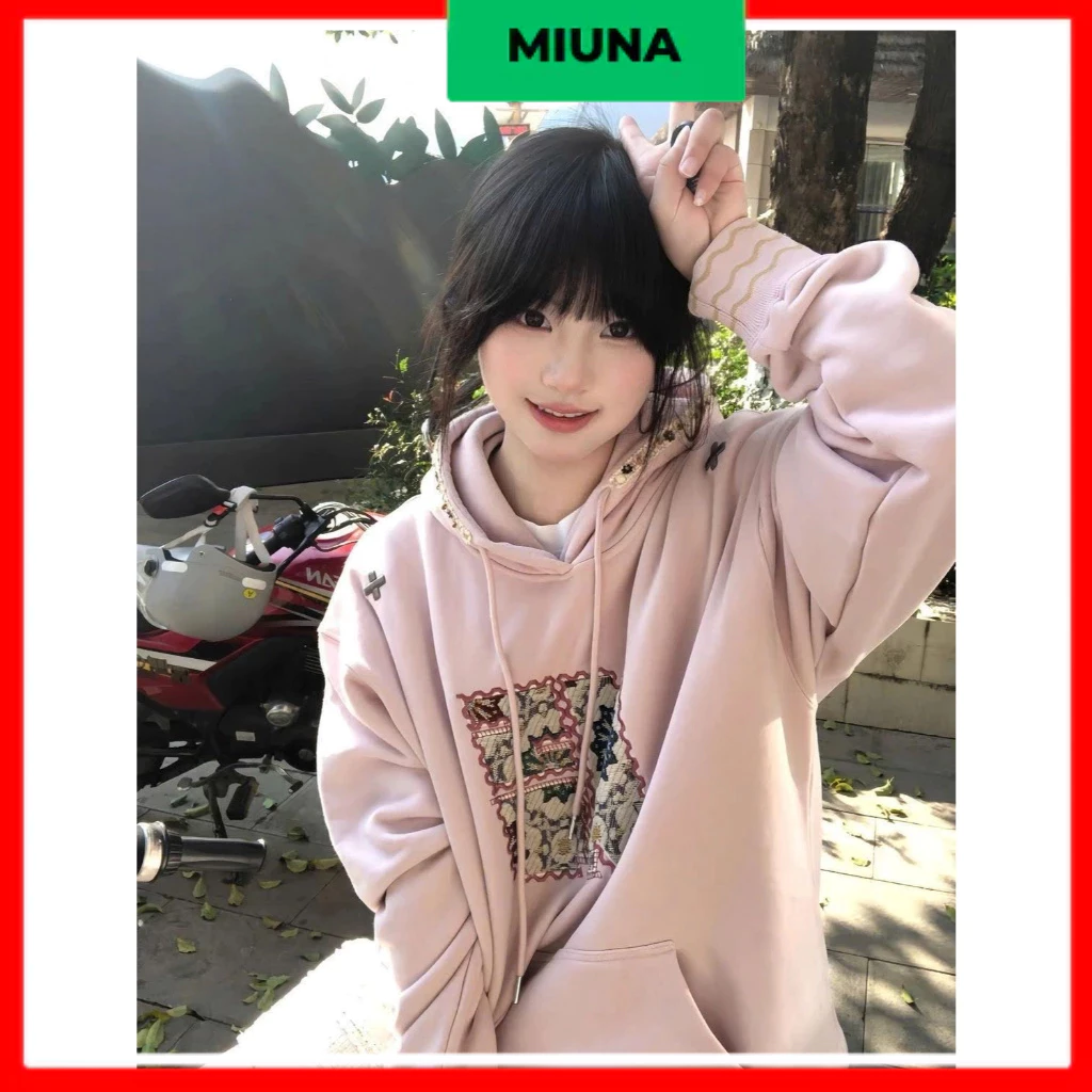 Áo hoodie Miuna thêu hoạ tiết, Áo nỉ hồng baby form rộng đính kết lạ mắt trẻ trung năng động_AL71