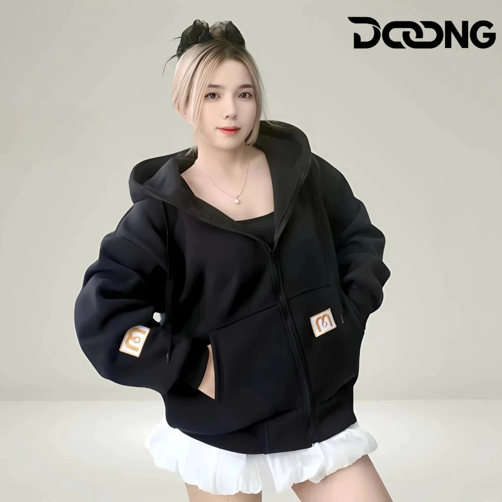 [XẢ HÀNG] Áo khoác LOGO THÊU CHỮ M 4 TÚI nỉ bông Form Boxy xỏ ngón có 2 túi BM282 Áo khoác nỉ croptop unisex DOONG