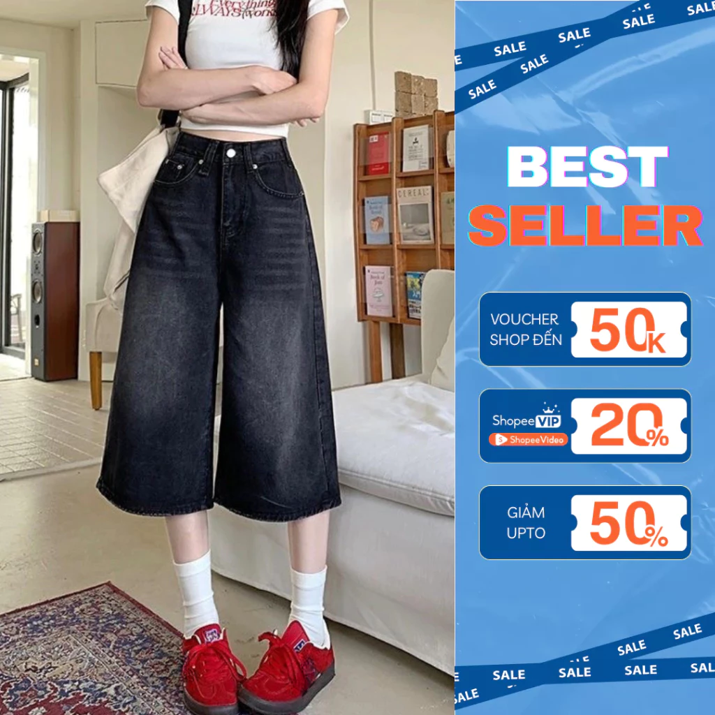 Quần jean lửng nữ ống rộng Jelly quần bò lửng D001 quần bò ngố cạp cao dài qua gối trend 2026