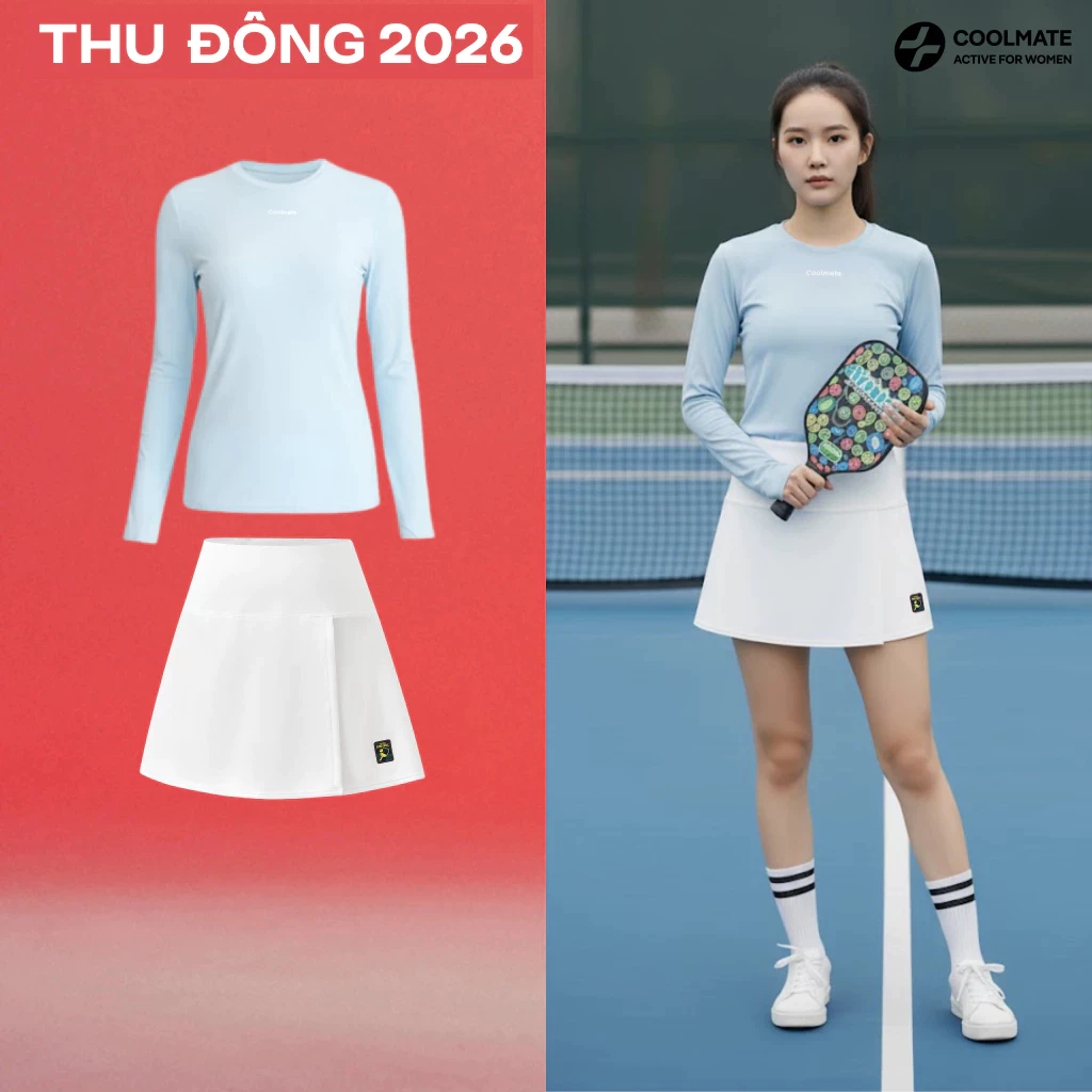 [MỚI 2026] Set đồ bộ thể thao Pickleball Nữ Áo dài tay Slim Flex & Chân Váy Knit co giãn - Coolmate Active For Women