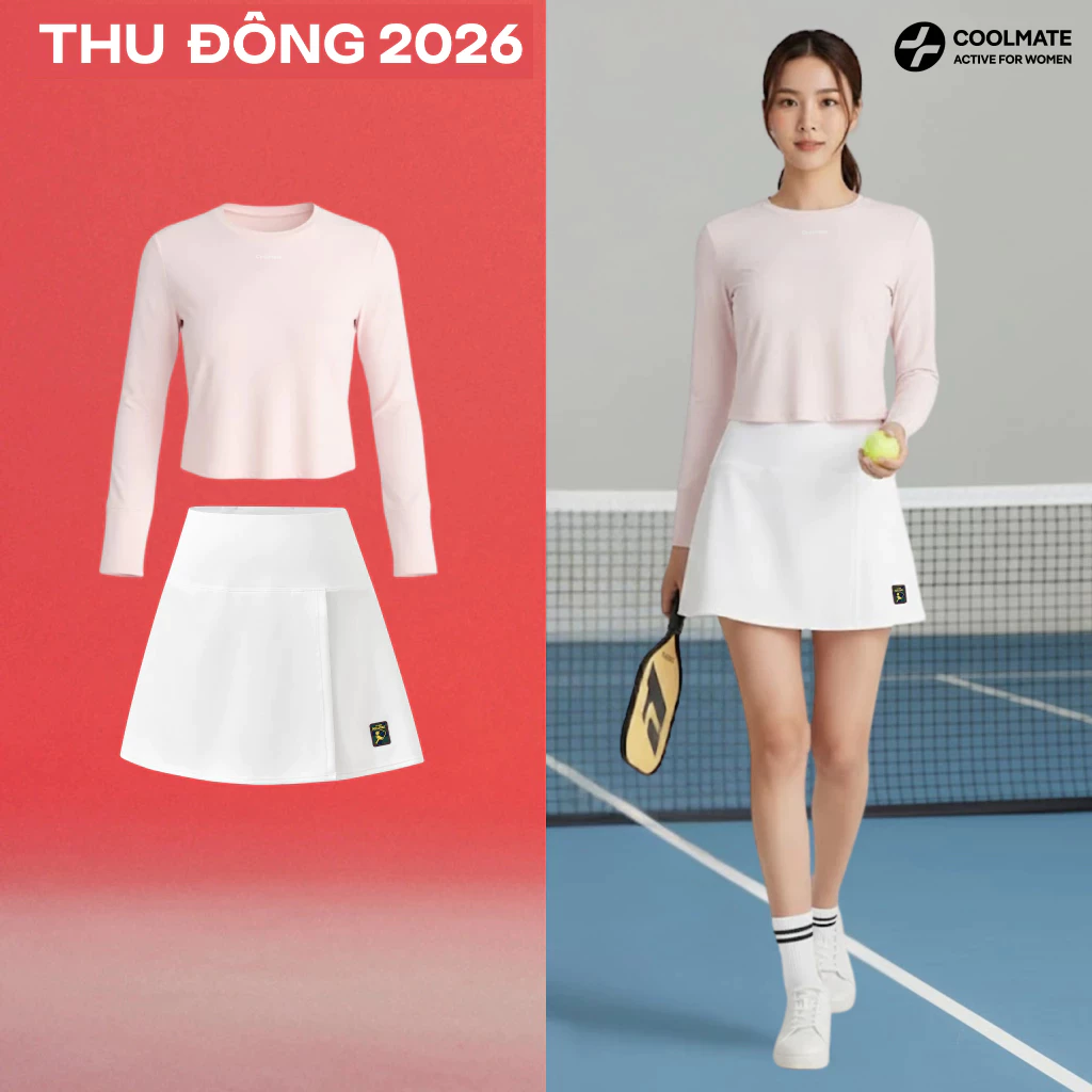 Set đồ bộ thể thao tập Pickleball Nữ Áo dài tay Croptop Flex & Chân Váy Knit co giãn - Coolmate Active For Women