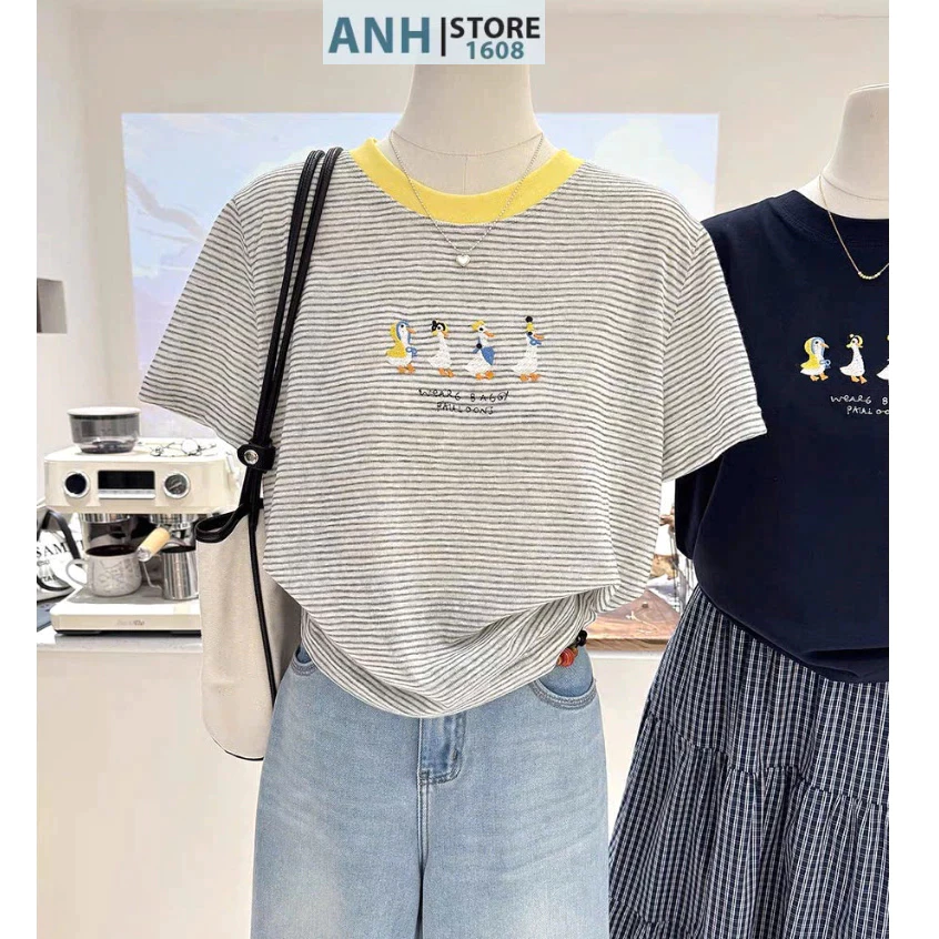 Áo Thun Nữ Ngắn Tay Viền Cotton in Hình dễ Thương ANHSTORE , áo phông nữ cotton mềm mát , phom Basic