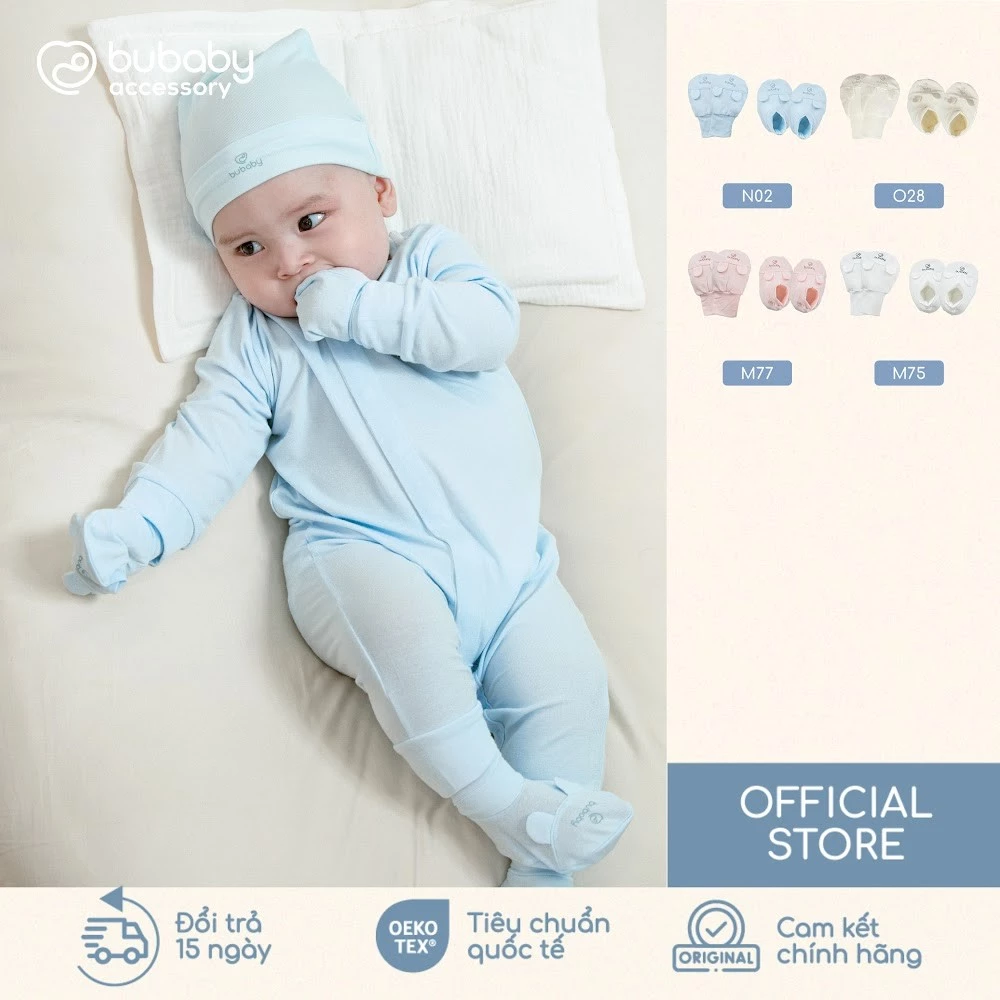 Bộ bao tay bao chân sơ sinh tai gấu BU Baby vải mềm mịn giúp bé chống cào xước mặt | ASR402800