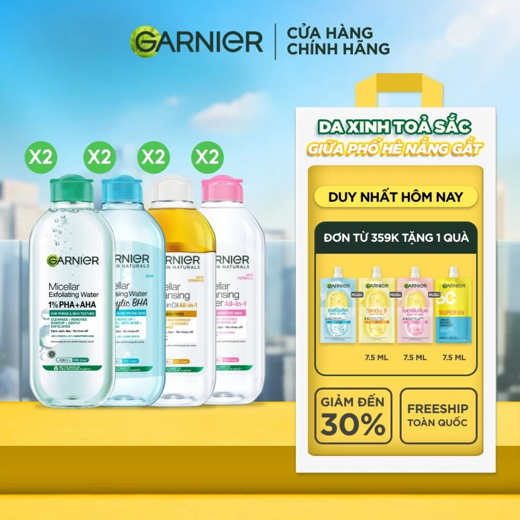 Bộ 2 nước Tẩy Trang làm sạch sâu dịu nhẹ cho mọi loại da (dầu, thường, khô, nhạy cảm) -Garnier Micellar Cleansing Water
