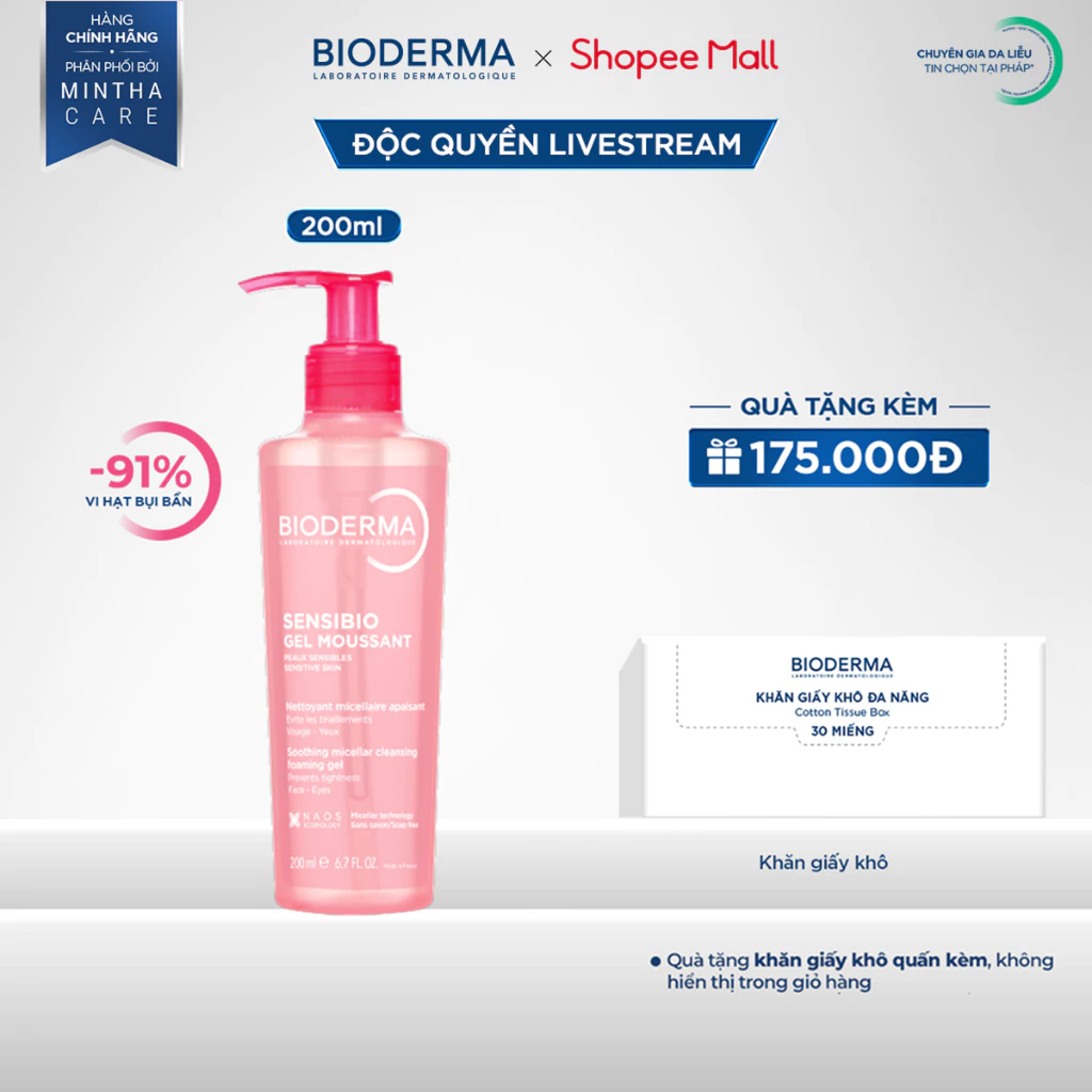 [BIODERMA - ĐÃ KÈM KHĂN GIẤY KHÔ 2026] Gel rửa mặt tạo bọt cho da nhạy cảm Bioderma Sensibio Gel Moussant - 200ml
