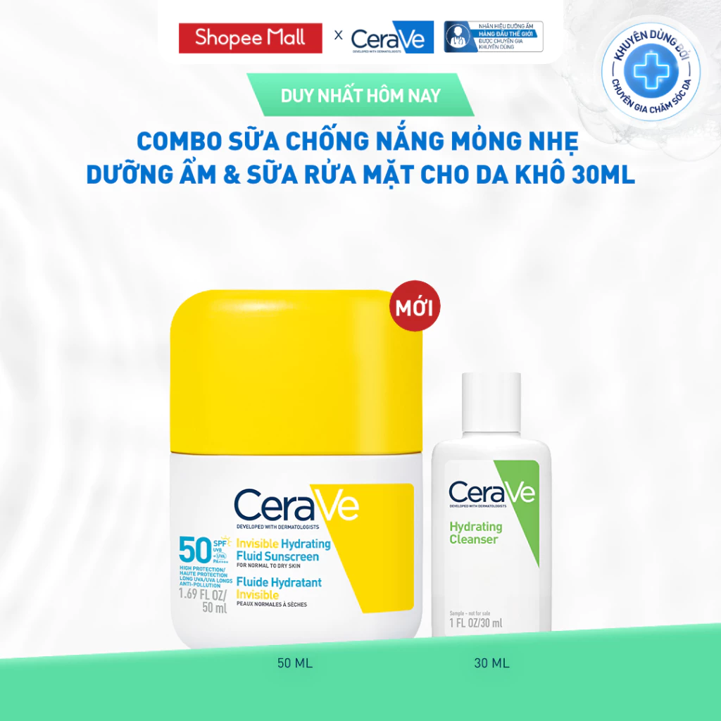 [MỚI] [VB] Combo Sữa chống nắng CeraVe mỏng nhẹ dưỡng ẩm & Sữa rửa mặt cho da khô 30ml