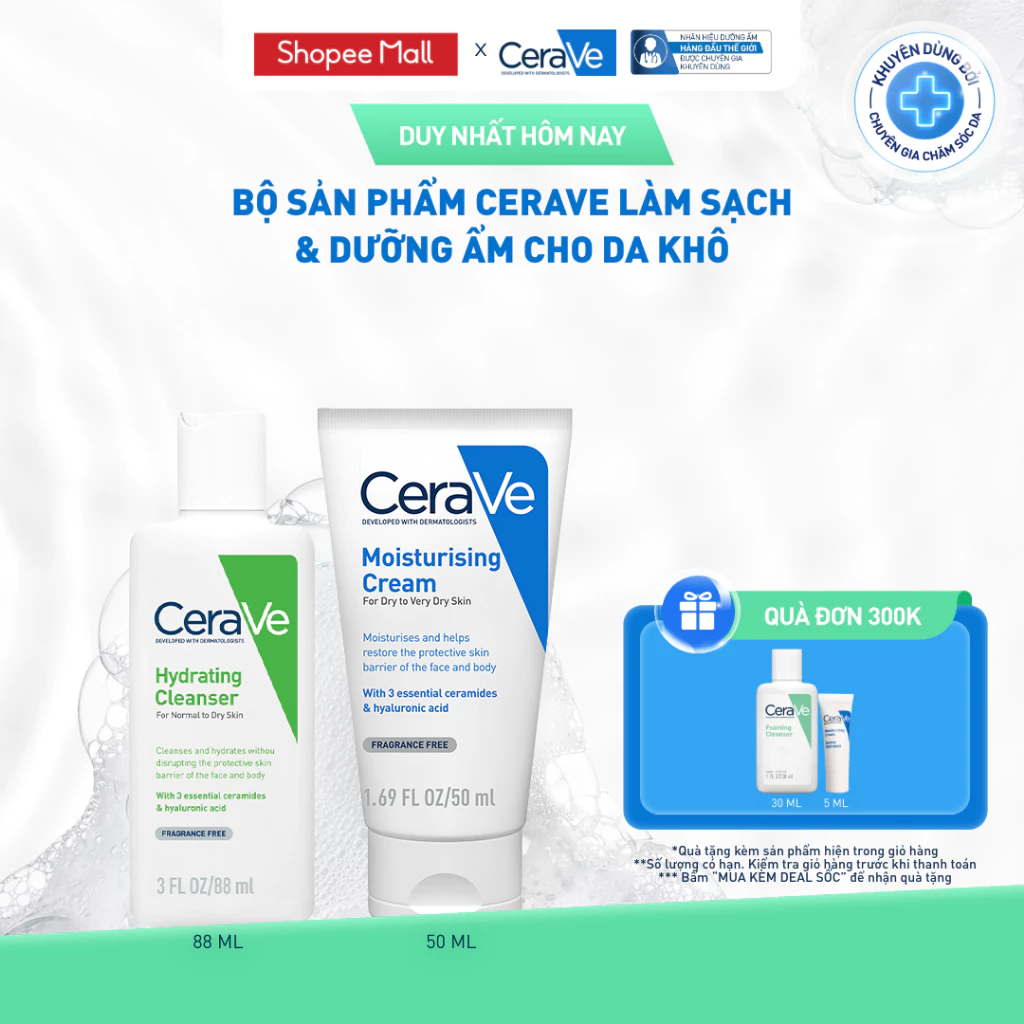 [VB Live] Bộ sản phẩm CeraVe làm sạch & dưỡng ẩm cho da khô Cream 50 + Hydrating 88ml