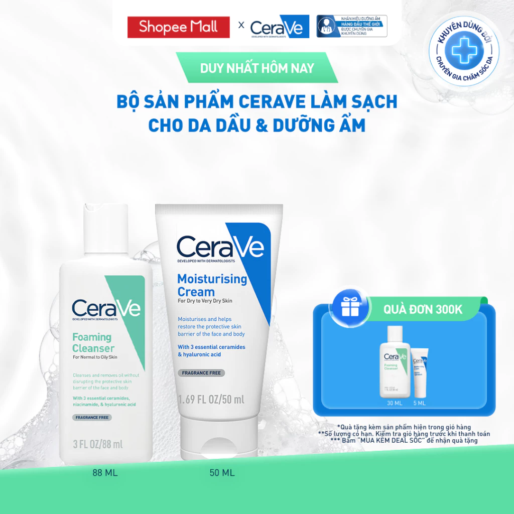 [VB Live] Bộ sản phẩm CeraVe làm sạch cho da dầu & dưỡng ẩm Cream 50 + Foaming 88ml