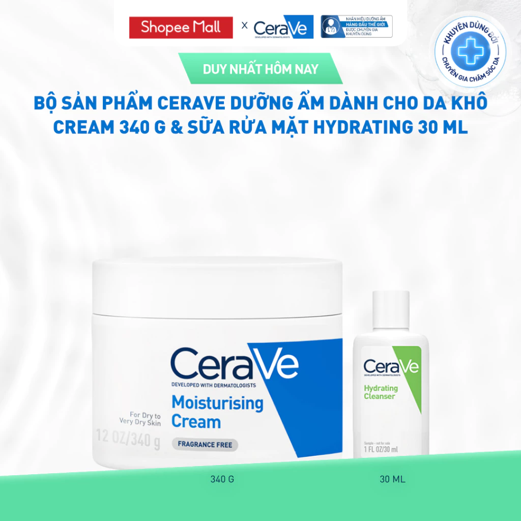 [VB HO] Bộ sản phẩm CeraVe dưỡng ẩm dành cho da khô Cream 340g & sữa rửa mặt Hydrating 30ml