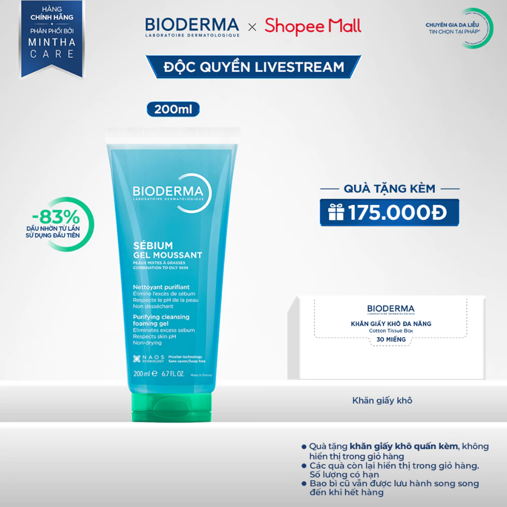 [BIODERMA - ĐÃ KÈM KHĂN GIẤY KHÔ 2026] Gel rửa mặt tạo bọt Bioderma Sebium Gel Moussant 200ml (dạng tuýp)