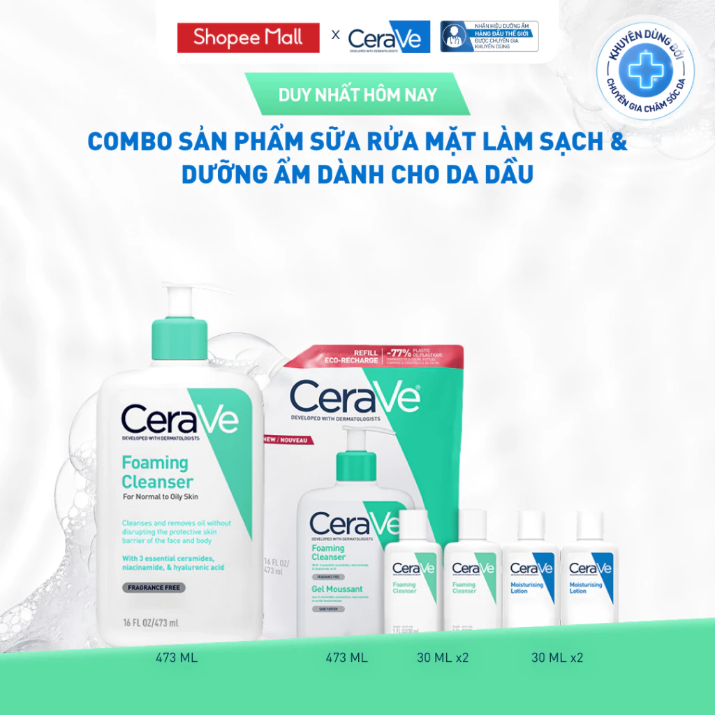 [VB] Bộ sản phẩm CeraVe sữa rửa mặt làm sạch Foaming Cleanser 473ml & Refill