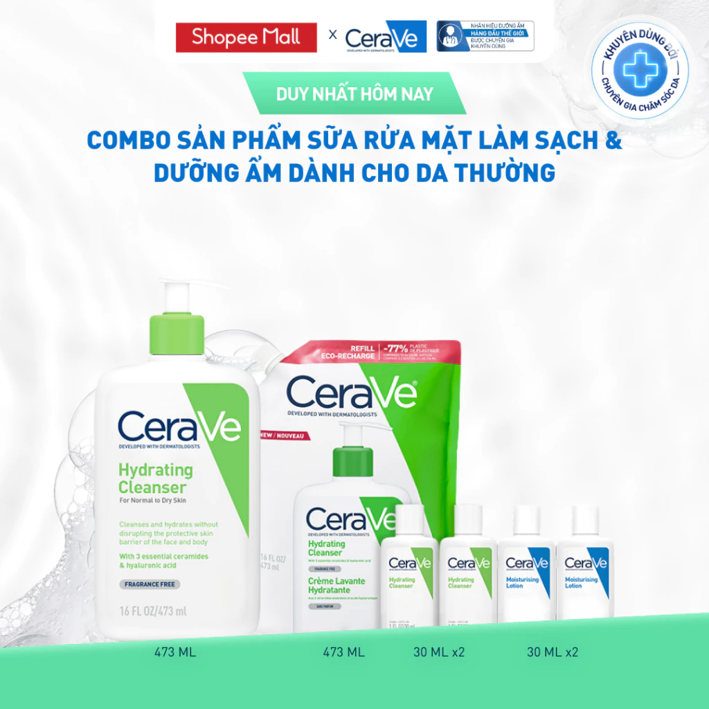 [VB] Bộ sản phẩm CeraVe sữa rửa mặt làm sạch Hydrating Cleanser 473ml & Refill