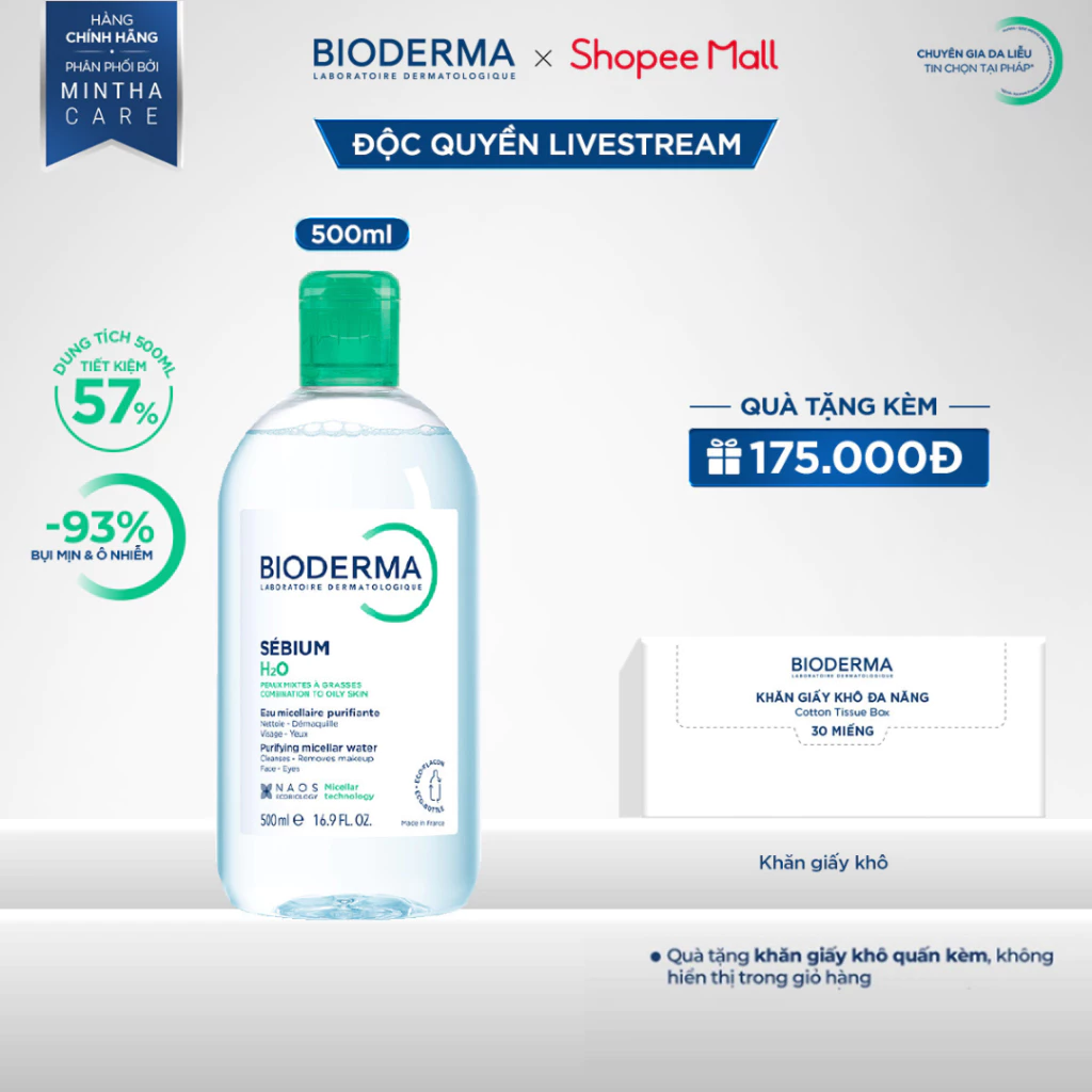 [BIODERMA - ĐÃ KÈM KHĂN GIẤY KHÔ 2026] Dung dịch làm sạch tẩy trang cho da hỗn hợp, dầu mụn Bioderma Sebium H2O - 500ml