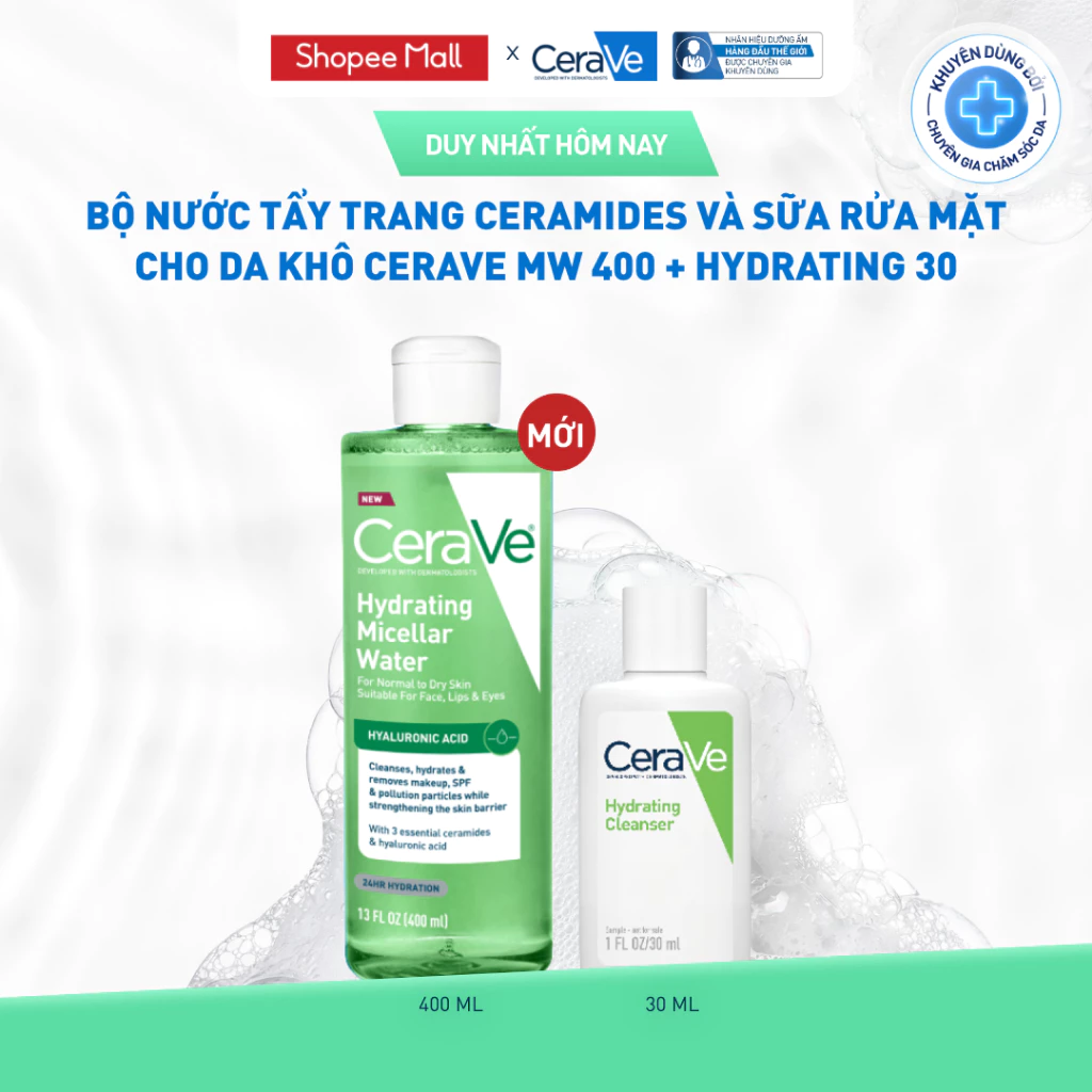 [VB HO] Bộ nước tẩy trang ceramides và sữa rửa mặt cho da khô CeraVe MW + Hydrating 30