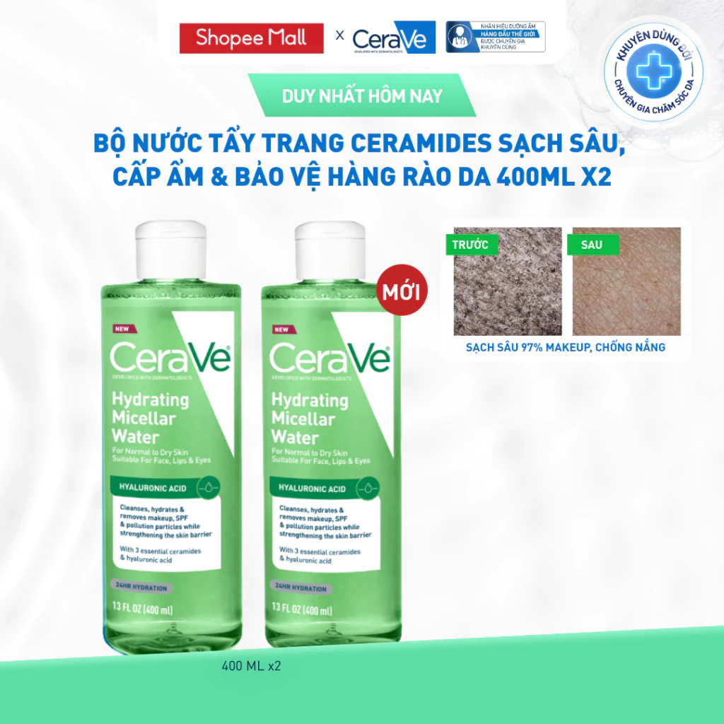 [VB HO] Bộ nước tẩy trang ceramides sạch sâu, cấp ẩm & bảo vệ hàng rào da 400ml CeraVe Hydrating Micellar Water
