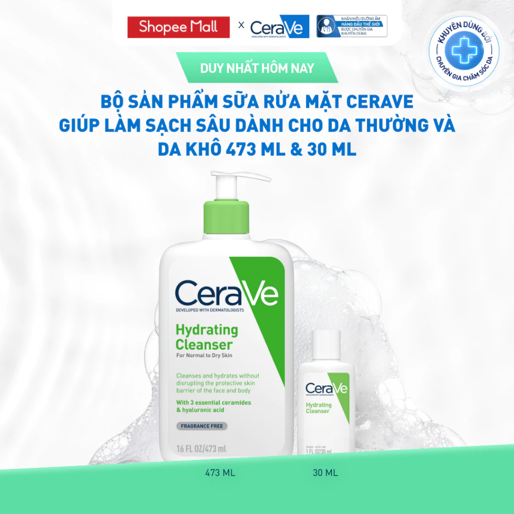 [VB HO] Bộ sản phẩm sữa rửa mặt CeraVe giúp làm sạch sâu dành cho da thường và da khô 473ml & 30ml