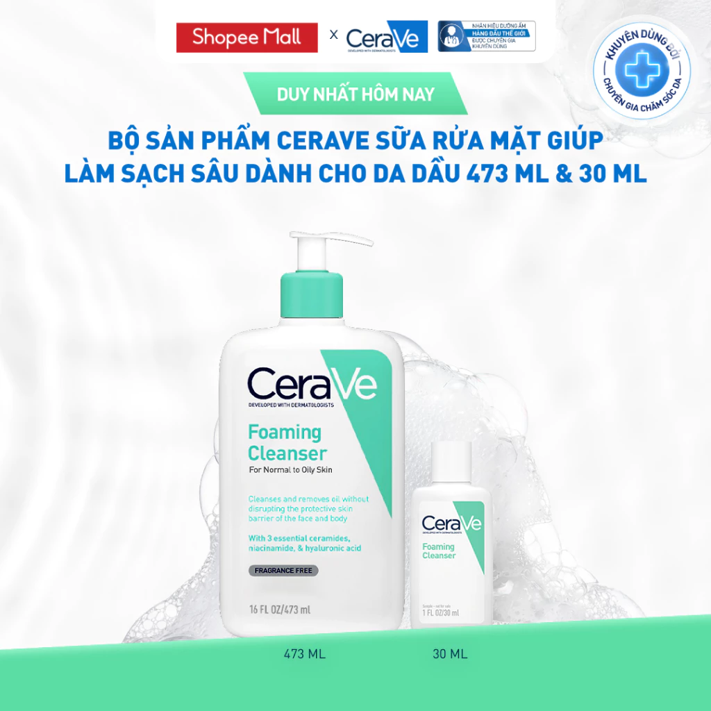 [VB HO] Bộ sản phẩm CeraVe sữa rửa mặt giúp làm sạch sâu dành cho da dầu 473ml & 30ml